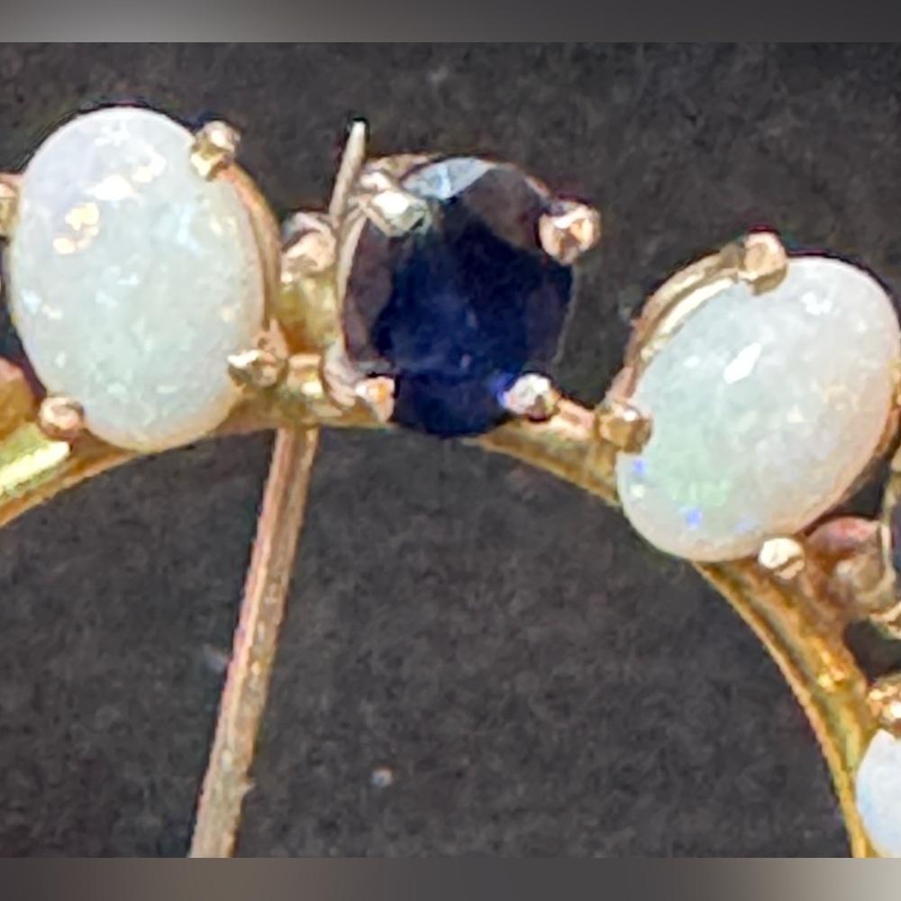 Vtg 14K? Yellow Gold Opal & Sapphire Circle Brooch Screw Lock Pin Mid-Century 8g - Picture 13 of 16
